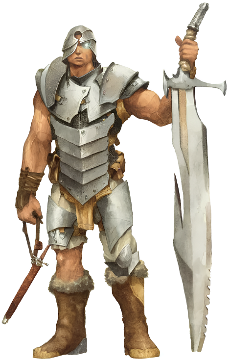 A Ruokor wearing half-plate and posing with a sword as long as he is tall